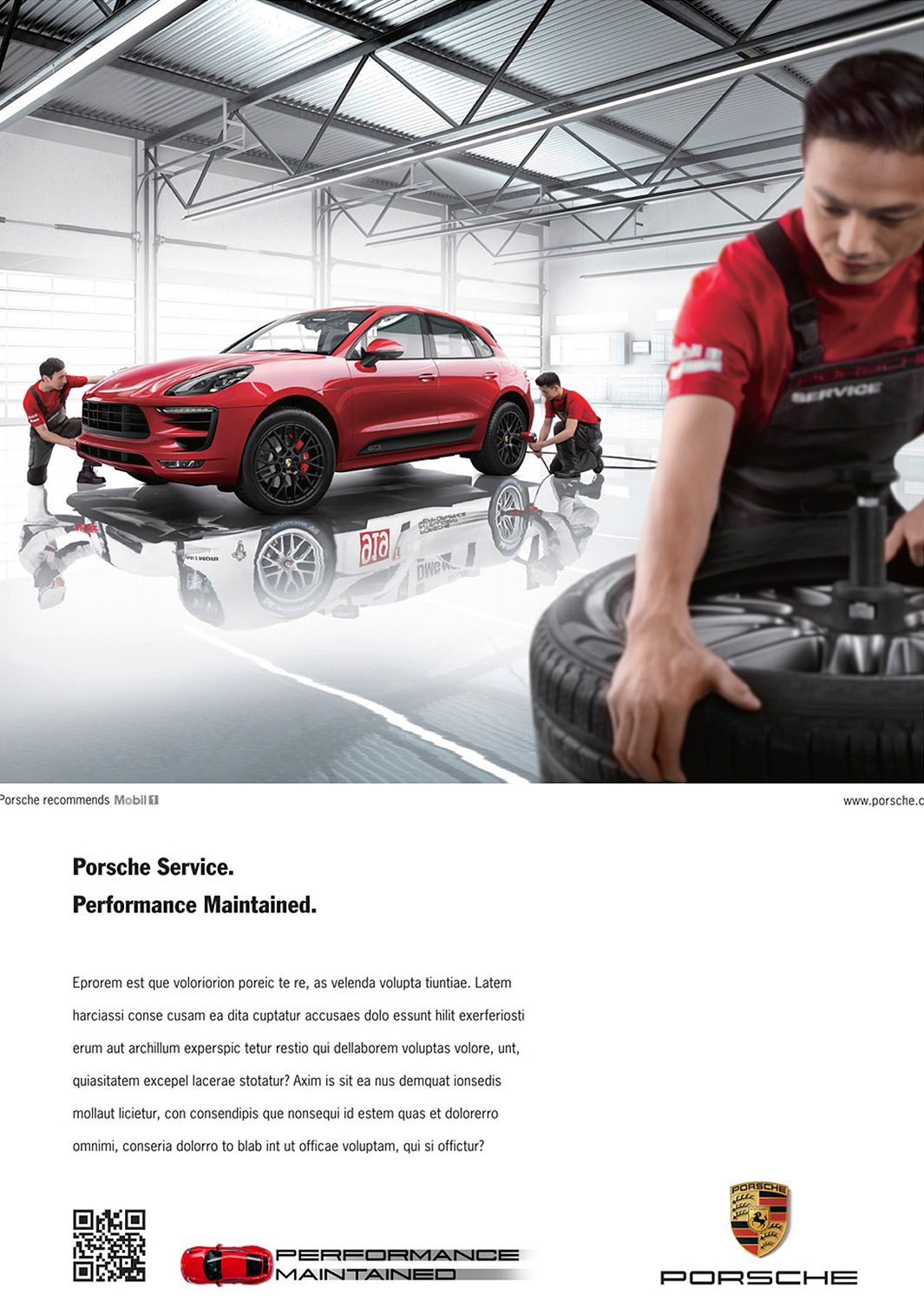 Commercial lifestyle photography services. Porsche mechanics working on a car in an advertisement, captured as part of commercial lifestyle photography services.