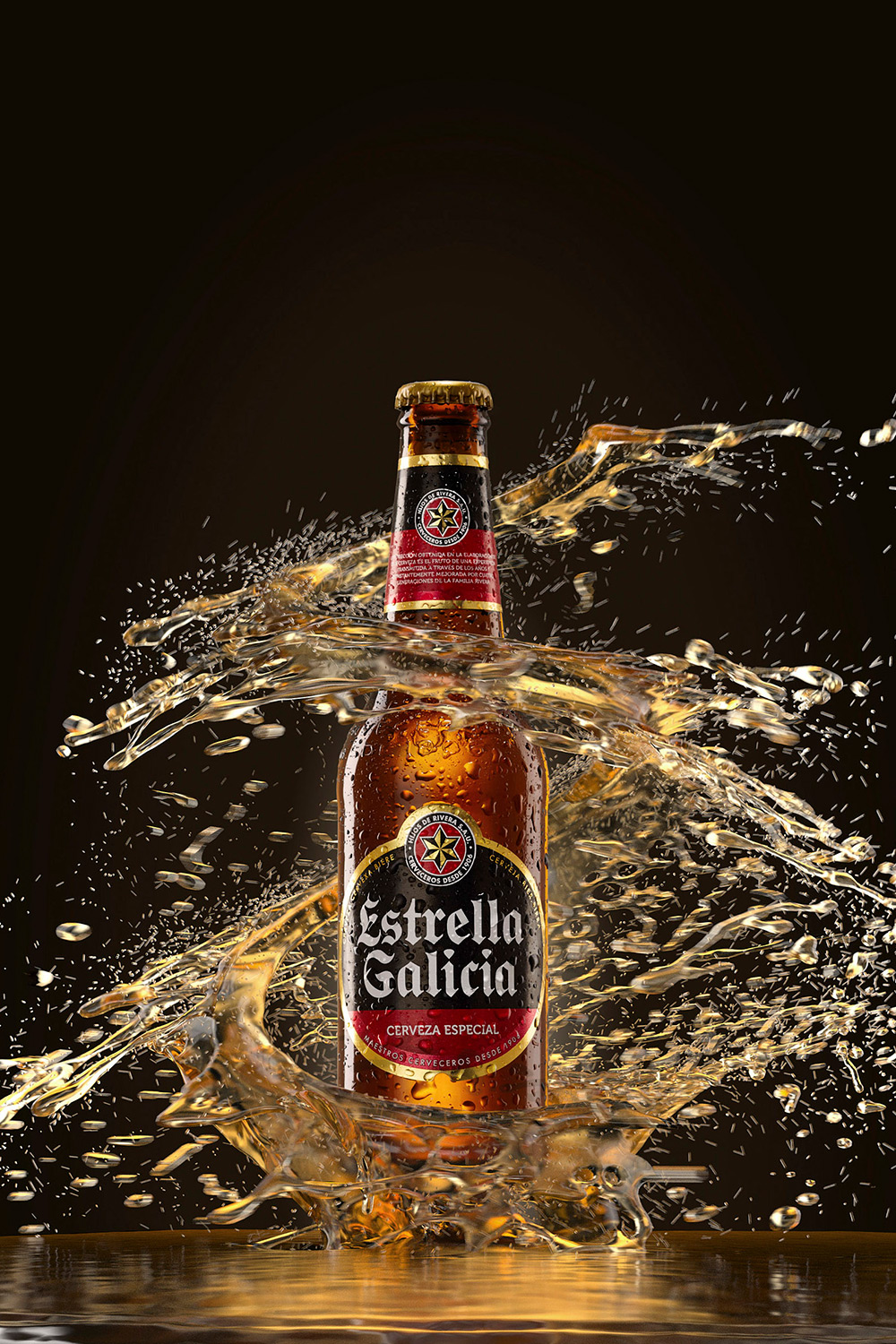 Commercial product photography services Estrella beer bottle surrounded by water swirls, captured as part of commercial product photography campaign.