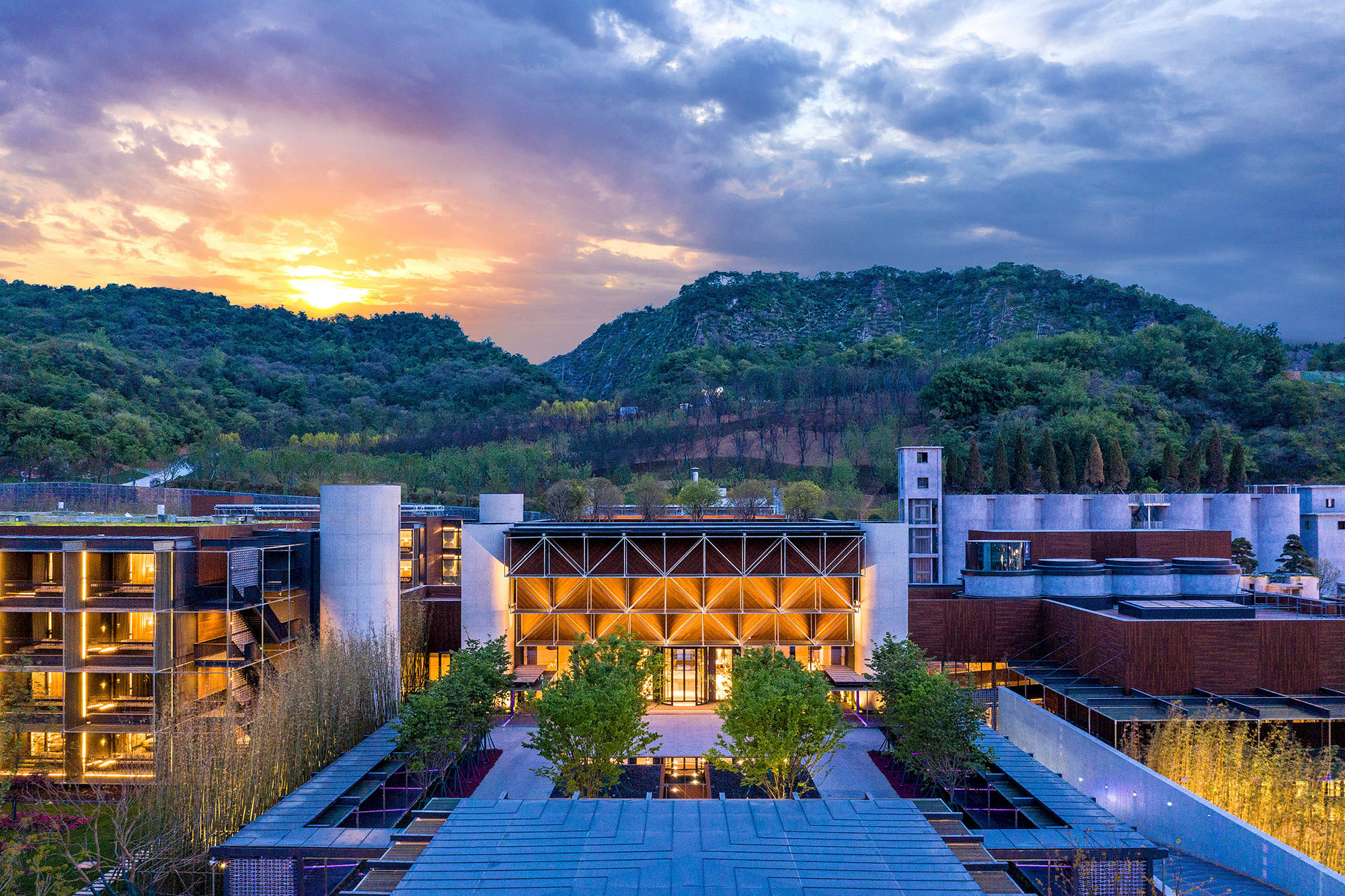 Hospitality architecture photography services An aerial drone image revealing the boutique Cast hotel in Nanjing from a bird's-eye view, skillfully captured for hospitality architecture photography services.