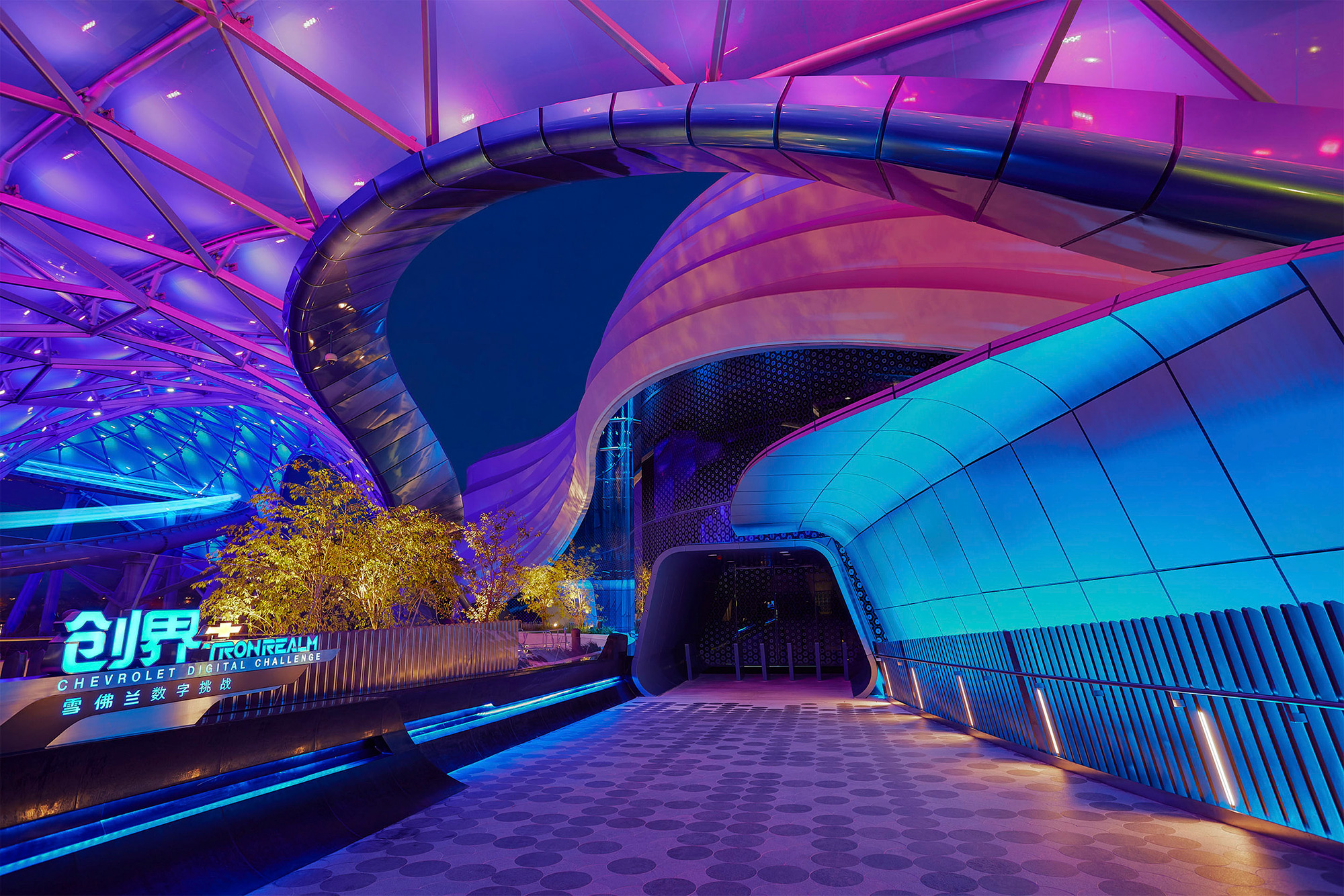 Hospitality architecture photography services Entrance of the Chevrolet experience at Tron, located at Shanghai Disney Resort, expertly depicted in hospitality architecture photography services.