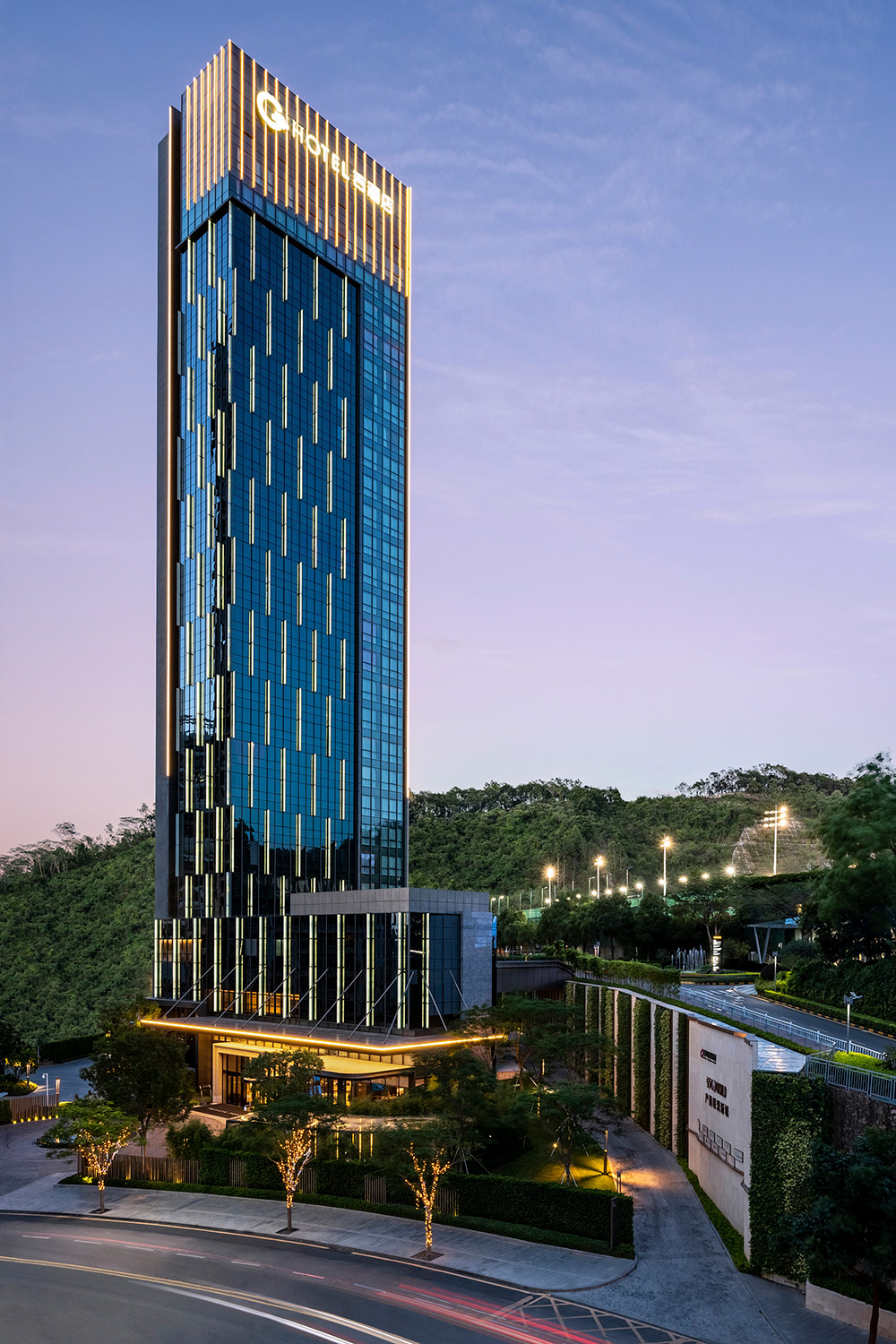 Hospitality architecture photography services Dusk image showcasing the striking architecture of The G hotel in Shenzhen, featured in hospitality architecture photography services.
