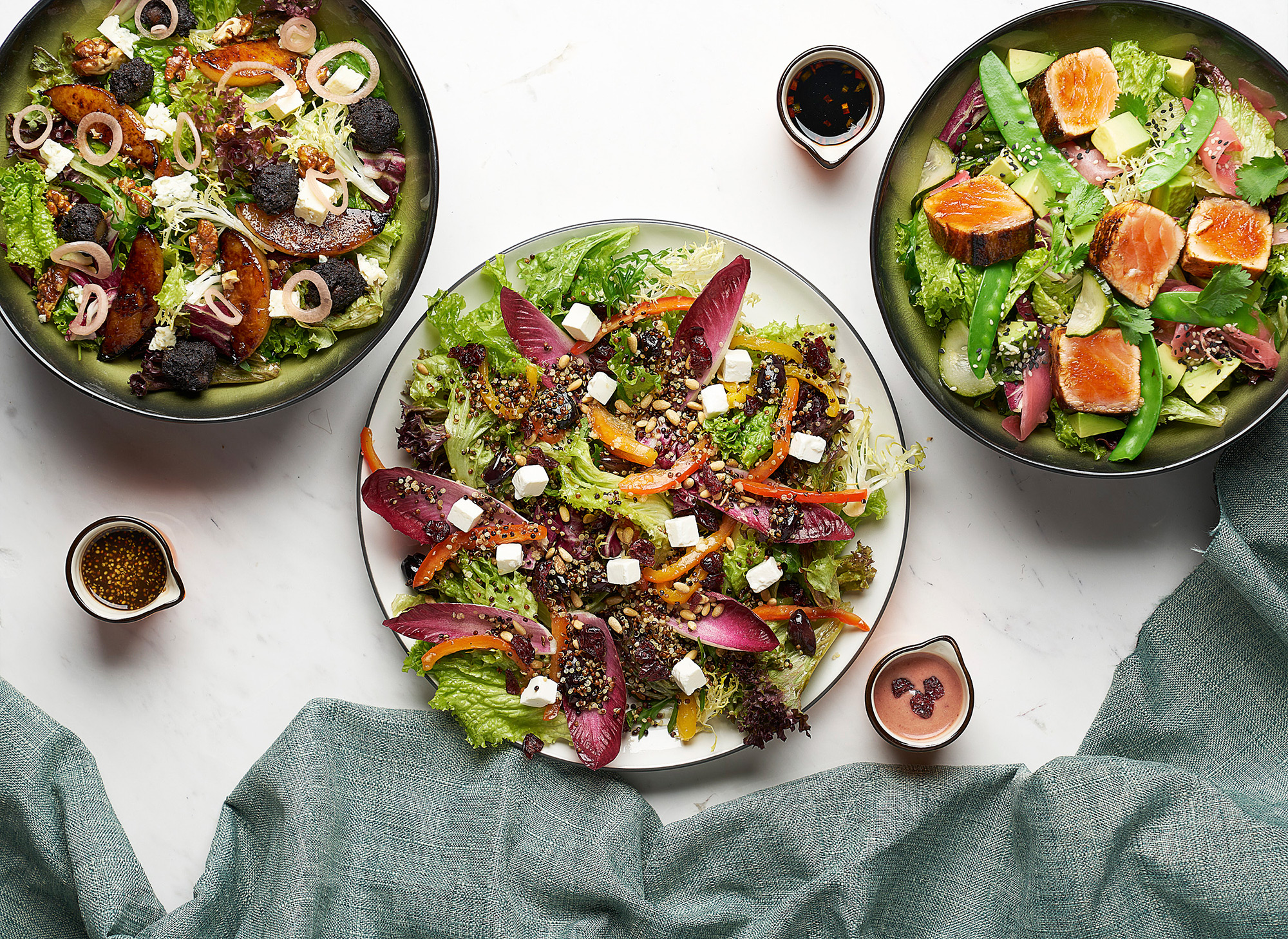 Hotel and hospitality food photography services A selection of three salads, showcased in a hotel and hospitality food photography campaign.