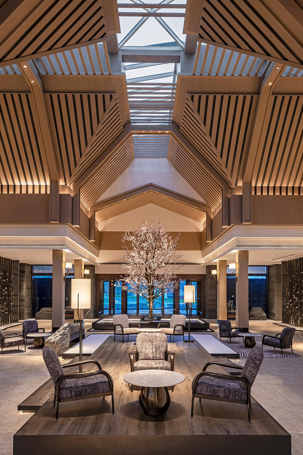 Hotel and hospitality interior photography services Dusk architectural image showcasing the lobby of the Westin, captured as part of a hotel and hospitality interior photography campaign.