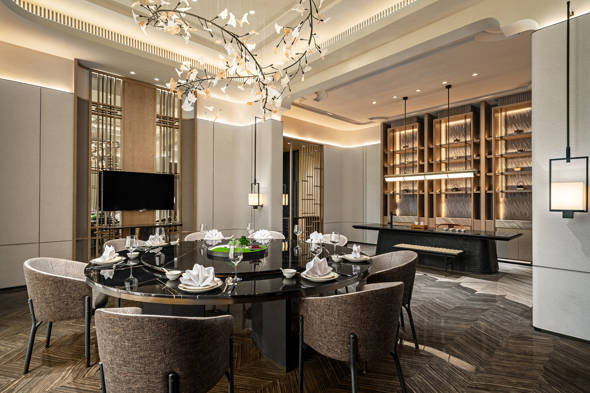 PhilippeRoy_archi_2008 Hotel photography capturing an exclusive private dining setup at the Westin, a Marriott Hotels and Resorts establishment, highlighting luxury guest experiences.