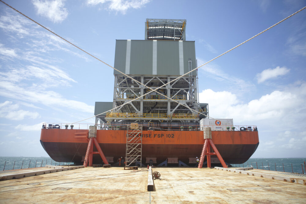 Onboard image of the FSP being transported by a Dockwise vessel, part of Dockwise's naval industrial photography.