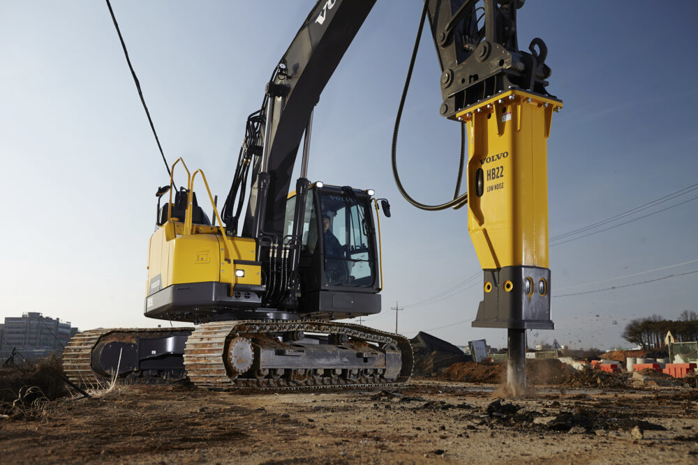 HB22 hammer featured in a brochure and advertising for construction equipment photography for Volvo CE.