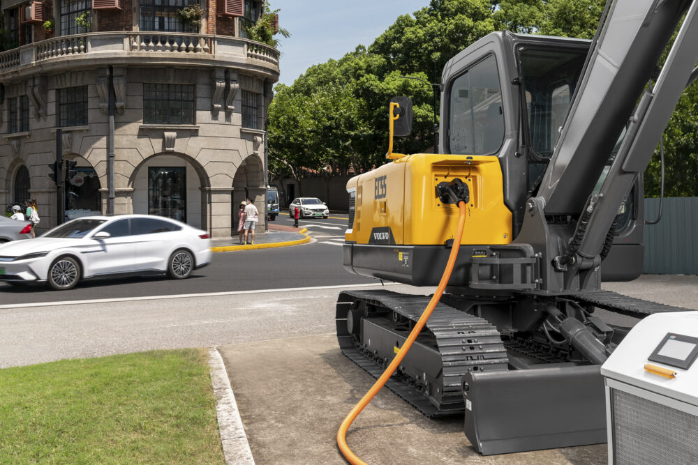 EC55 electric excavator featured in a brochure and advertising for construction equipment photography for Volvo CE