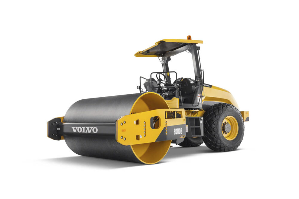 Studio image of a single drum compactor machine, part of Volvo CE's construction equipment photography.